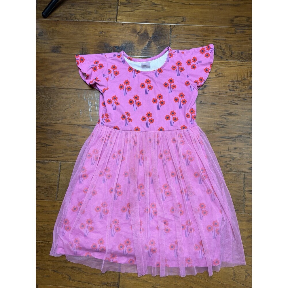 Hanna Andersson Girls Sz 10 / 140cm Pink Flowers Short Sleeve Dress w/Tulle